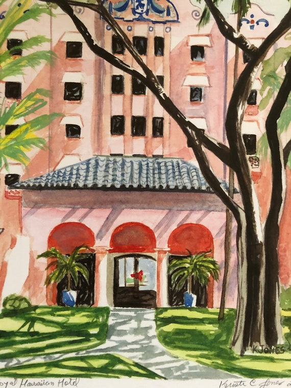 水彩画 ワイキキ ロイヤルハワイアンホテル｜4神園正美の透明水彩画