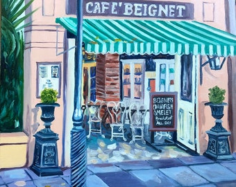 Café'Beignet | 11 x 14 inch print door Louisiana kunstenaar Kristi Cavett Jones | French Quarter New Orleans koffiekraam ontbijt