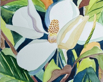Magnolienblüte | Druck von Aquarellmalerei | 9X12 signiert | Südliche Blume botanische Stilleben weiße Louisiana Mississippi