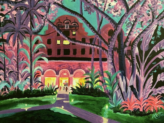 ロイヤルハワイアンホテルの夜景 | 11 x 14 水彩画のサイン入り
