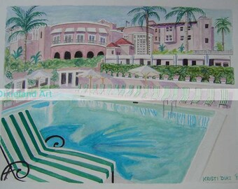 The Beverly Hills Hotel | 11 x 14 Signed Watercolor Print | pool celebrity Hollywood California Los Angeles tropical pink blue palm trees