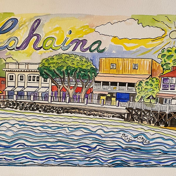 Lahaina Waterfront | 12 x 18 inch Watercolor PRINT by Artist Kristi C Jones | Maui Hawaii island restaurants shops beach coast Hawaiian
