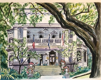 The Columns Hotel | PRINT of Watercolor & ink Garden District St. Charles Ave. New Orleans Louisiana art Italianate historic architecture