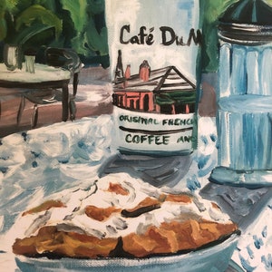 Café glacé et beignets | 20 x 10 pouces impression de peinture à l'huile cuisine de la Louisiane nourriture nature morte restaurant art du quartier français de la Nouvelle-Orléans