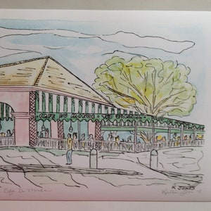 Cafe du Monde - afdruk van aquarel en inktschilderij van de Louisiana-kunstenaar Kristi Jones | koffiekraam New Orleans beignets café au lait art