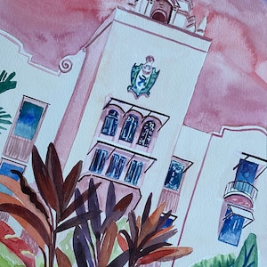 The Royal Hawaiian Hotel | 9 x 12 inch PRINT of Watercolor Painting |  Honolulu Hawaii Waikiki Beach hotel banana leaves art pink tropical