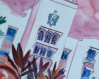 The Royal Hawaiian Hotel | 9 x 12 inch PRINT of Watercolor Painting |  Honolulu Hawaii Waikiki Beach hotel banana leaves art pink tropical