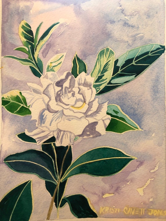クチナシ | 署名入り水彩画 | 白い南部の花、花柄、ルイジアナアート