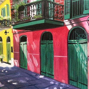 May include: A painting of a street scene in New Orleans with colorful buildings, green doors, and a black lamppost. The buildings have balconies and are painted in shades of yellow, red, and pink.