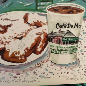 Café glacé et beignets | Impression 36 x 35 cm Cafe Du Monde Louisiane cuisine nourriture nature morte restaurant La Nouvelle-Orléans quartier français