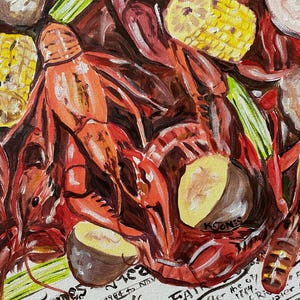 May include: An oil painting depicting a crawfish boil with red crawfish, yellow corn, and green vegetables. The painting includes text from "The Times" newspaper, advertising "Louisiana's World's Fair". The artwork is a close-up view of the food.