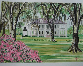 Houmas-huis | Schatkist-item | Gesigneerde aquarelafdruk | 11 x 14 inch | vooroorlogse plantage historisch huis kolommen zuid zuid kunst