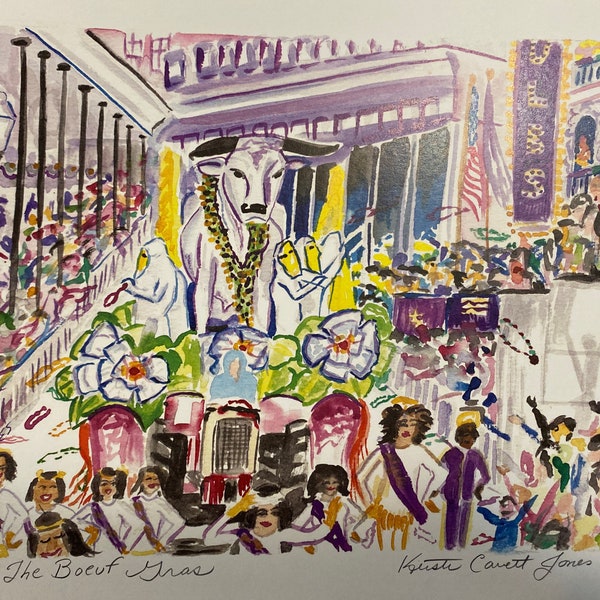 The Boeuf Gras | 8 x 10 inch Watercolor PRINT by Louisiana Artist Kristi C Jones New Orleans Mardi Gras French Quarter Art Mardi Gras