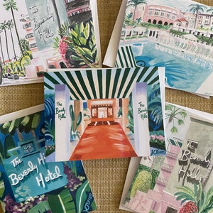 Tarjetas de notas del Hotel Beverly Hills / Kristi Jones Artist / Tarjetas de notas en blanco / Beverly Hills California Hollywood rosa