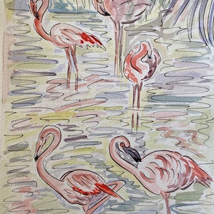 Fenicotteri che si lisciano le piume / pittura a tecnica mista arte di uccelli tropicali arte della Florida decorazione della casa parete rosa acquerello camera delle ragazze costiera