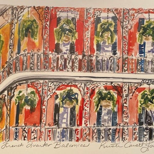 Balcones del Barrio Francés / 3 tamaños a elegir Impresión firmada Pintura de acuarela Barrio Francés Nueva Orleans Luisiana helechos tropicales históricos