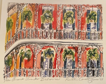 May include: A watercolor painting of a building with multiple balconies. The balconies are decorated with intricate ironwork and have potted plants hanging from them. The building is painted in shades of red, pink, and yellow. The painting is signed "Krista Cavett Jones '23" and numbered "9/250 French Quarter Balconies".