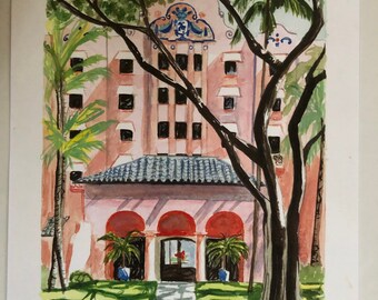 水彩画 　　ワイキキ　ロイヤルハワイアンホテル ロイヤルハワイアンホテル | 11 x 14 水彩画のサイン入りプリント