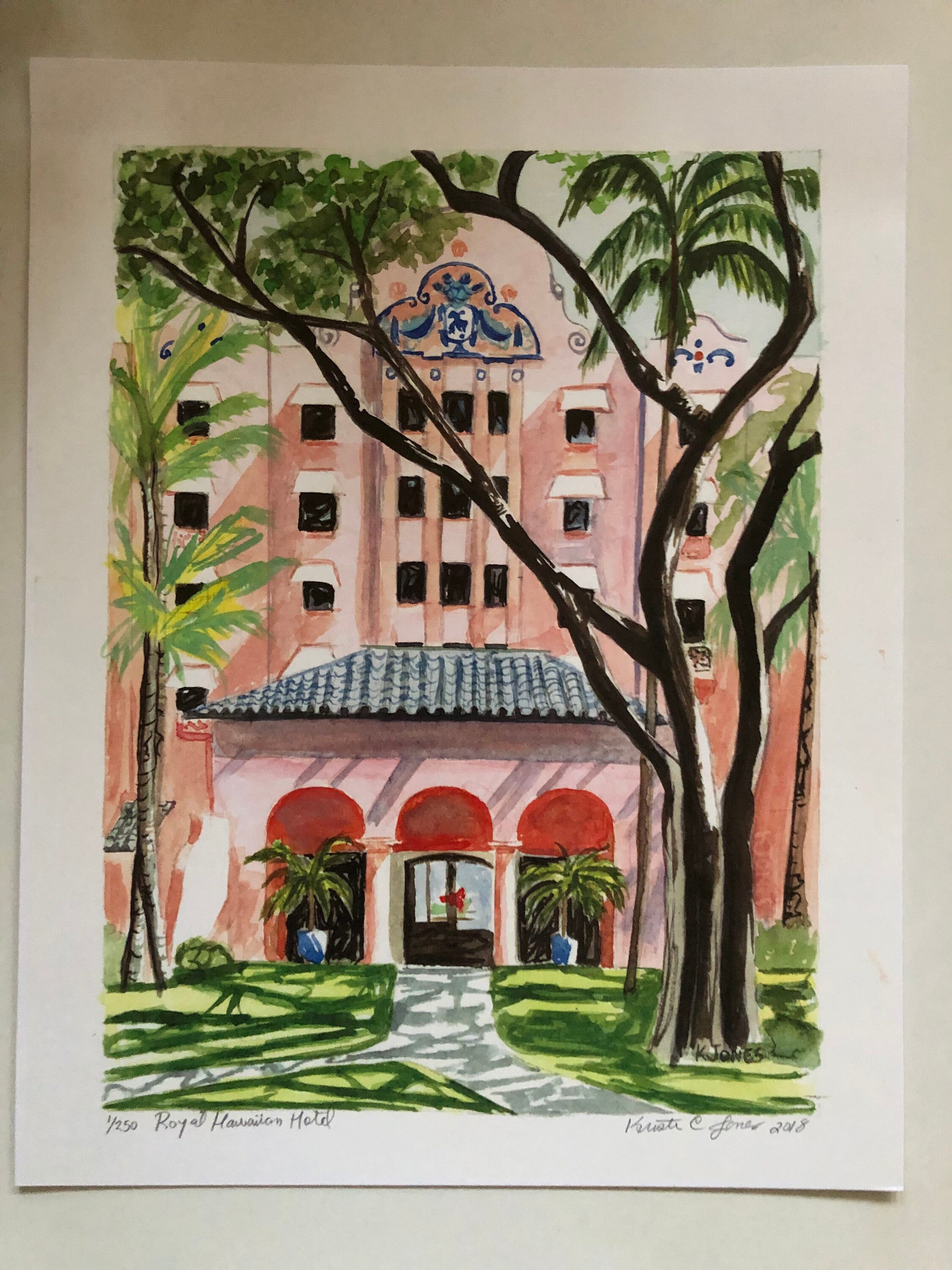 ロイヤルハワイアンホテル | 11 x 14 水彩画のサイン入りプリント