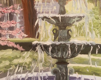 Savannah Fountain | 11 x 14 inch Print of Oil Painting by Louisiana Artist Kristi Jones | Savannah Georgia garden historic art