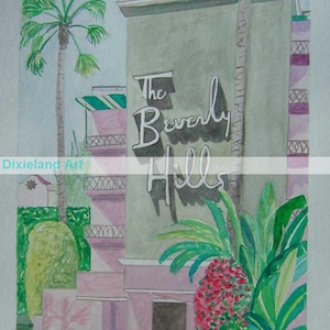 The Beverly Hills Hotel | Signed Watercolor Print | 8 x 10 | Hollywood, California | celebrity palm trees tropical pink green banana leaves