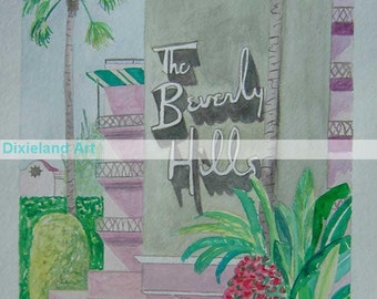 The Beverly Hills Hotel | Signed Watercolor Print | 8 x 10 | Hollywood, California | celebrity palm trees tropical pink green banana leaves