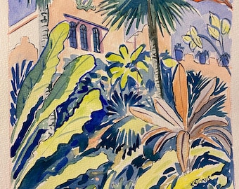 TROPISK TRÄDGÅRD | Royal Hawaiian Hotel | Original akvarellmålning 9 x 12 | Honolulu Hawaii Waikiki Beach hotellkonst rosa