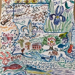Louisiana stolz | 11 X 14 inch Signierter Druck der Louisiana Karte | Kristi Jones Plantage Baumwolle Fleur de Lis New Orleans Kunst