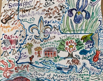 Louisiana Proud | 11 X 14 inch Signed Painting of Louisiana map | Kristi Jones plantation cotton fleur de lis New Orleans art