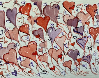 Full Hearts | 9 x 12 inch Signed Watercolor and Ink Painting | Valentine’s Day hearts heart balloons artwork pink purple red