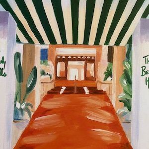 The Beverly Hills Hotel | 8 x 10 Print of Oil Painting Los Angeles Hollywood California red carpet celebrity pink green tropical awning art