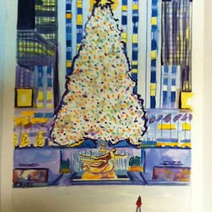 The View | Christmas Tree at Rockefeller Center | New York City | Christmastime winter ice skating rink | watercolor print art