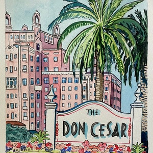 The Don Cesar / 11 X 14 Stampa artistica firmata dall'artista della Louisiana Kristi Jones / St Pete St Petersburg Florida hotel resort rosa palme