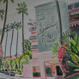 The Beverly Hills Hotel | 11 x 14 Signed Print of Watercolor | Beverly Hills Hollywood California | hotel palm trees art pink tropical