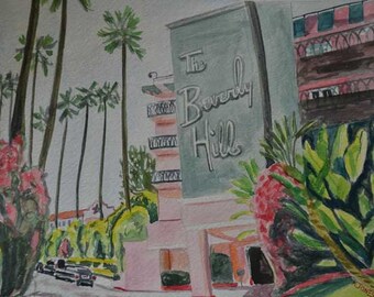 The Beverly Hills Hotel | 11 x 14 Signed Print of Watercolor | Beverly Hills Hollywood California | hotel palm trees art pink tropical