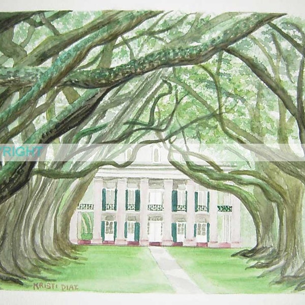 Oak Alley Plantation | 11 X 14 Watercolor Print by Louisiana Artist Kristi Jones | South Louisiana | antebellum historic home 1800s art