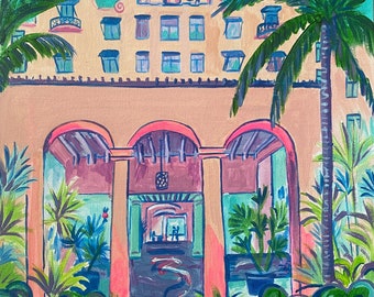 Paradise at the Royal Hawaiian Hotel | Signed PRINT Honolulu Hawaii Waikiki Beach hotel art pink tropical banana leaves 11 x 14 inches
