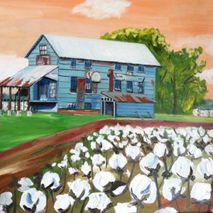 The Cotton Gin | 11 x 14 print of original oil painting | Country Farm Rural Art | Louisiana Artist Kristi Jones | cotton field bolls