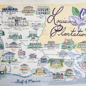 Piantagioni della Louisiana / Stampa firmata 18 x 24 pollici Mappa della Louisiana / Piantagione di Kristi Jones, casa storica Mappa dello stato Baton Rouge New Orleans