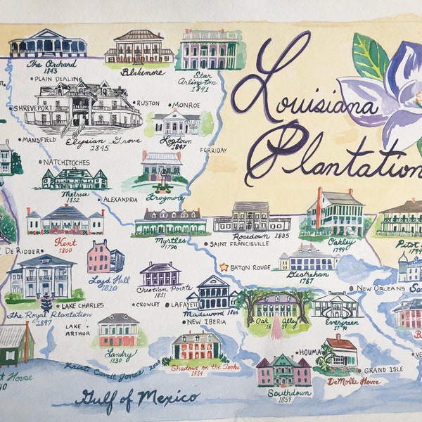 Plantations de la Louisiane | Carte de la Louisiane, impression signée, 40 x 61 cm | Carte de l'État de la plantation Kristi Jones, maison historique de la Nouvelle-Orléans, Baton Rouge