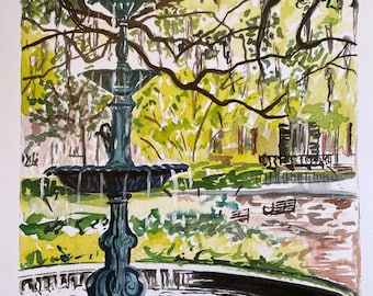 Lafayette Square Fountain | 9 x 12 inch Print by Louisiana Artist Kristi Jones | Savannah Georgia watercolor print