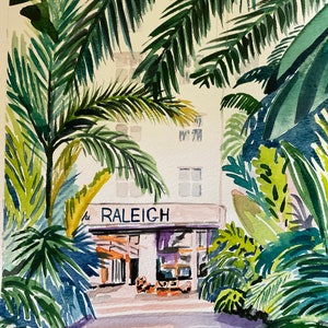 The Raleigh Hotel | 9 x 12 Print of Original Watercolor Painting | South Beach Miami Beach hotel banana leaves art pink tropical Florida