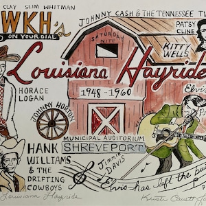 Louisiana Hayride | 11 x 14 Signed Print | Shreveport Louisiana watercolor & ink | Elvis Johnny Cash Hank Williams country music history