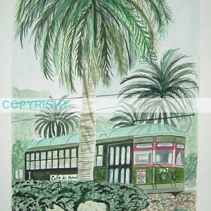 Bonde de Nova Orleans | Impressão de aquarela original | Artista de Louisiana Kristi Jones | New Orleans Garden District | palmeiras