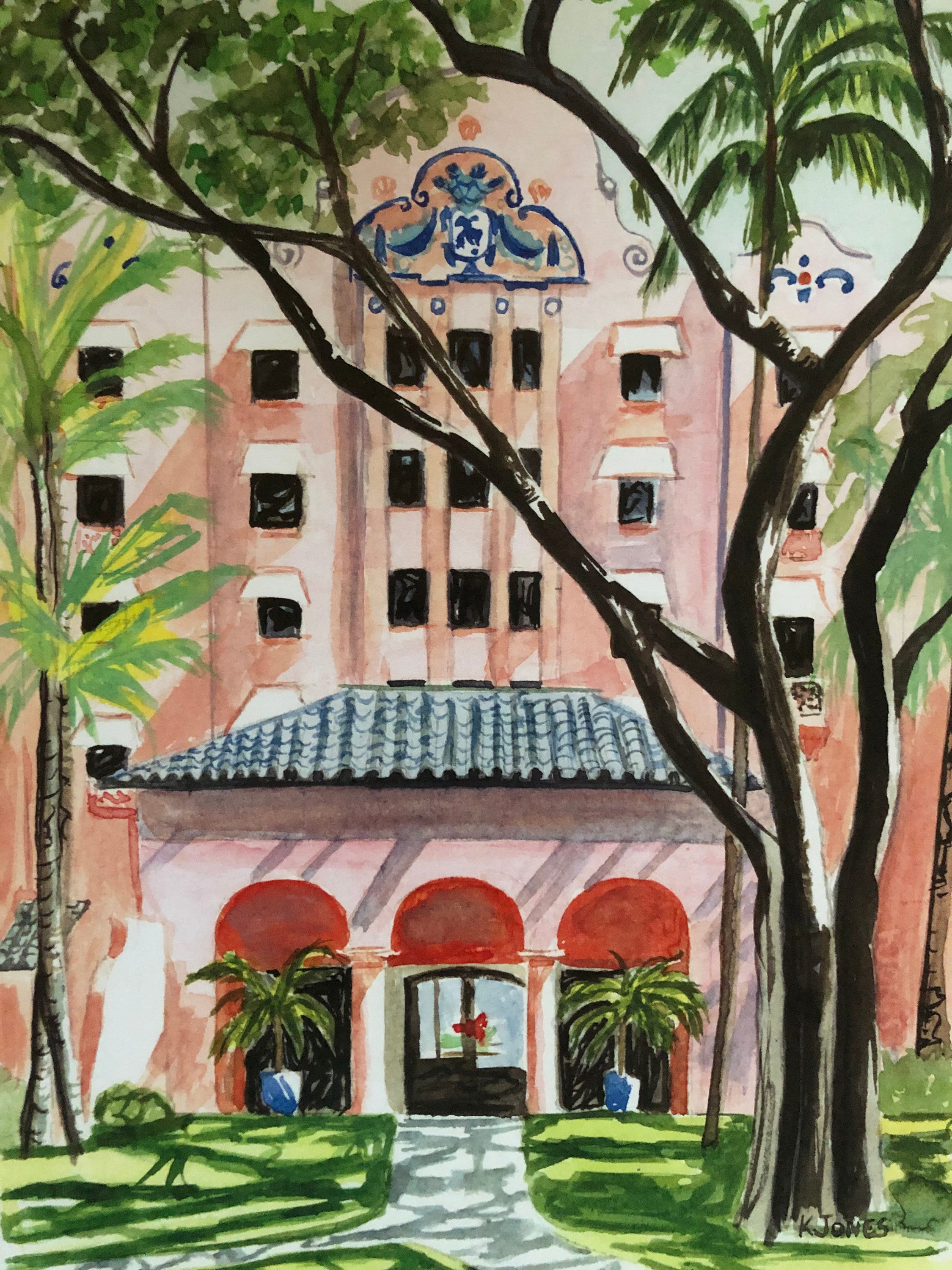 ロイヤルハワイアンホテル | 11 x 14 水彩画のサイン入りプリント