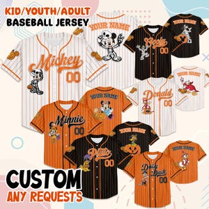 Custom Halloween Disney Baseball Jersey, Personalized Mickey Minnie Donald Goofy Pluto Tee, Kid Youth Adult Costume, Family Matching Outfit