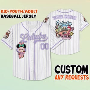 Aangepaste Labubu honkbaltrui, bijpassende outfit voor het gezin, schattige cartoon jersey shirt, gepersonaliseerd kind jeugd volwassen kawaii cadeau T-shirt