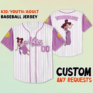 カスタムヘラクレスメグ野球ジャージ、子供用ユース大人用ジャージ、パーソナライズされた名前入りジャージ、ディズニーファミリー旅行衣装、漫画ファンへのギフト