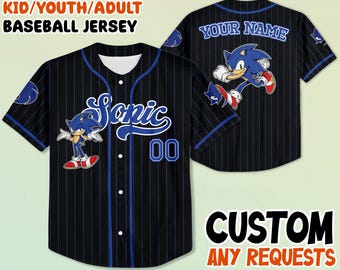 Personalized Sonic Baseball Jersey, Custom Name Baseball Shirt, Sonic the Hedgehog Sports Tee, Kid Youth Adult Gamer Gift Outfit
