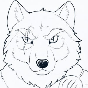 May include: Line art illustration of a wolf's head with an intense expression. The wolf has a scar over its left eye and a circular emblem with a trident design on its shoulder. The image is in black and white.